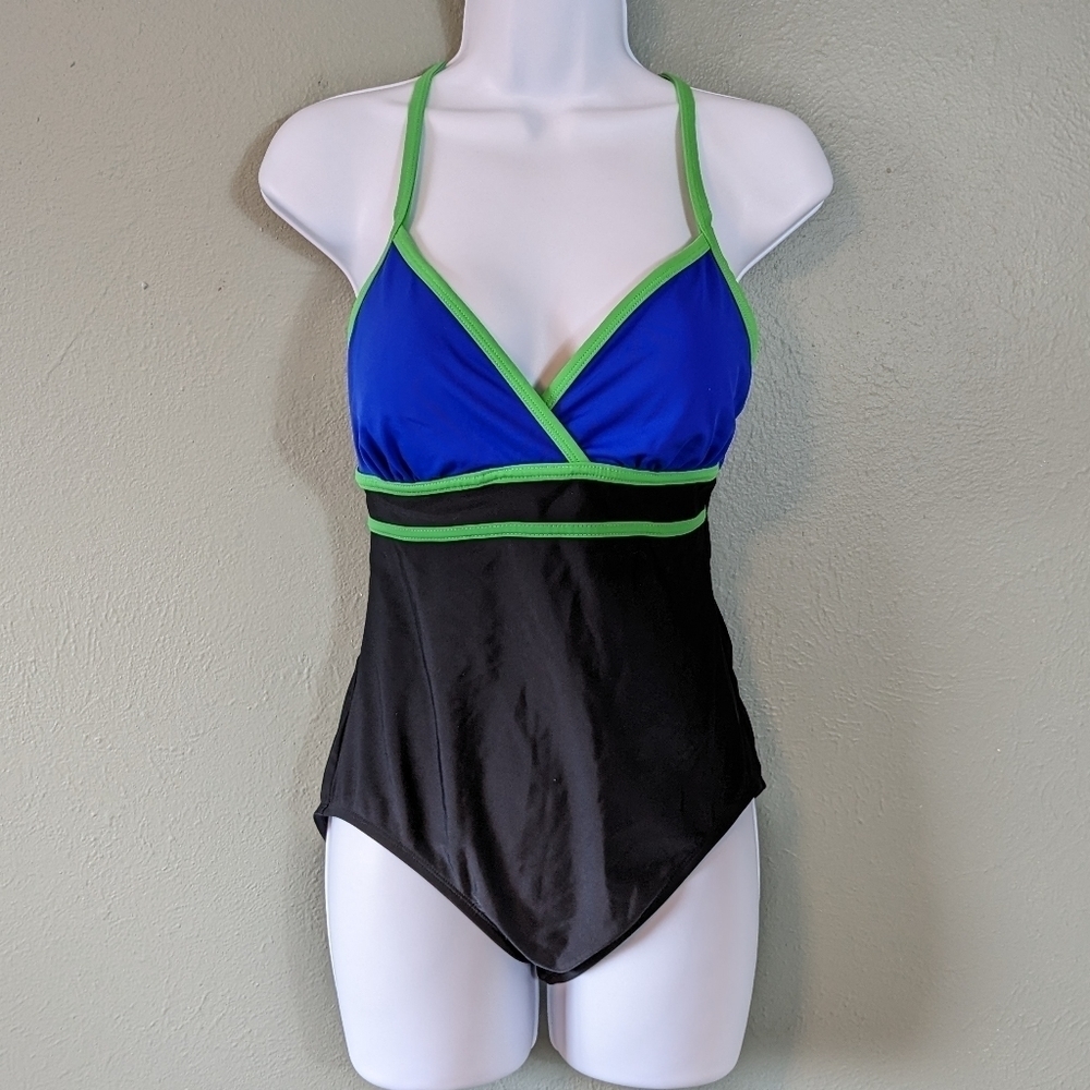 Catalina Black Blue Racerback Colorblock One Piece Swim Size M